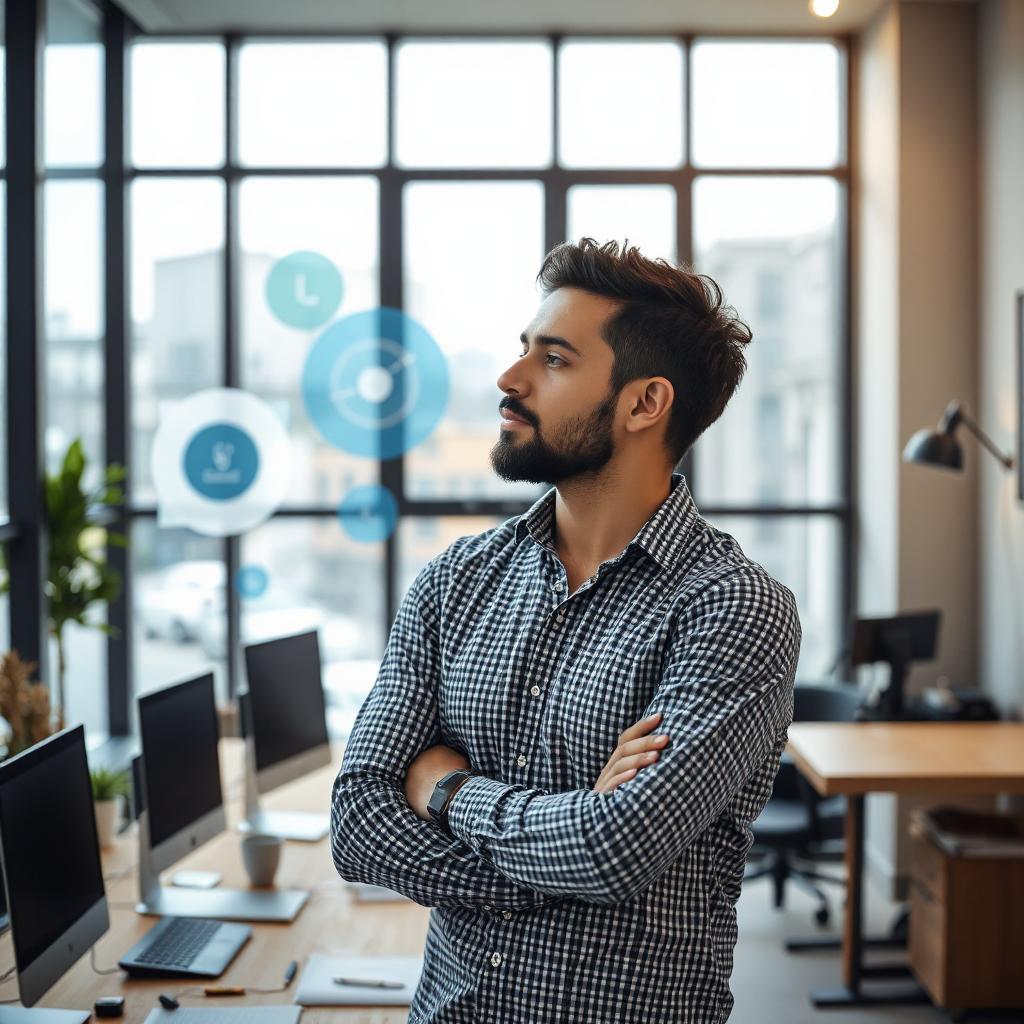 alt="Junger Unternehmer in modernem Büro mit digitalen Grafikelementen im Hintergrund – symbolisiert digitale Strategie und Wachstum"